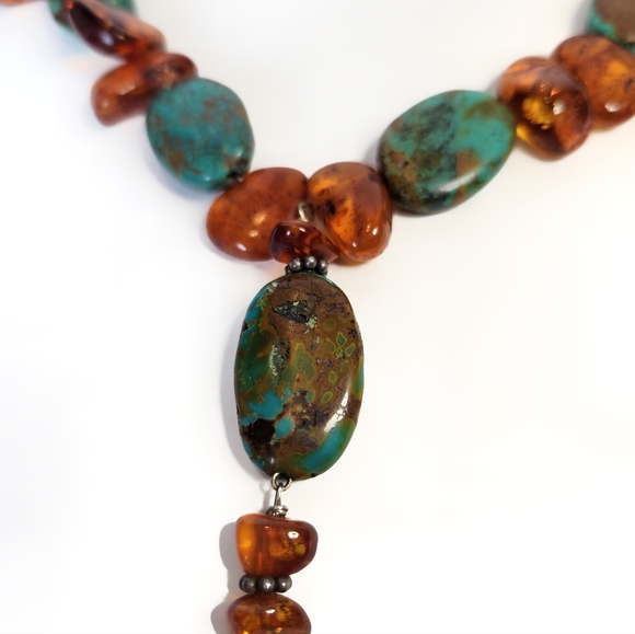 Turquoise And Amber Necklace, Vtg, Handmade Artisan, Sterling Toggle Closure - Picture 2 of 5